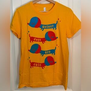 American Apparel Yellow Short Sleeve Tee with Red & Blue Dachshund Graphic